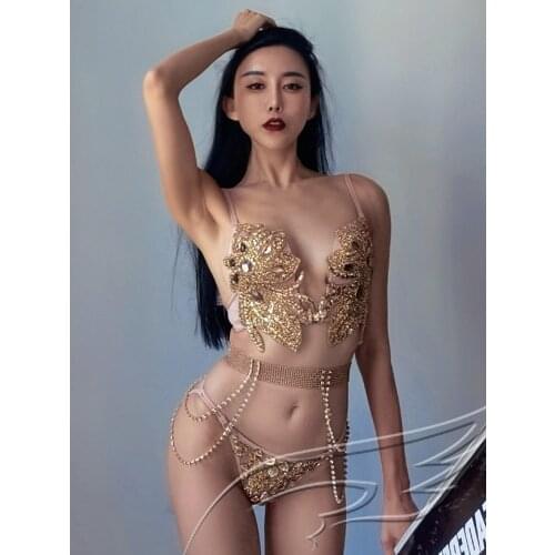 Womens Pole Dance Performance Clothing Gold Rhinestone Sparkly Bra Bikini Gogo Costume Evening Party Outfit Stage Wear VDB2639