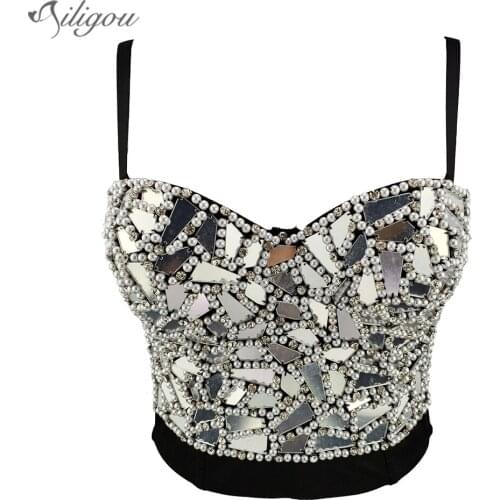 Ailigou Ladies Sexy Designer Beaded Mirror White Black Cotton Camisole Top Ladies Trendy High Street Short Camis Cropped Top