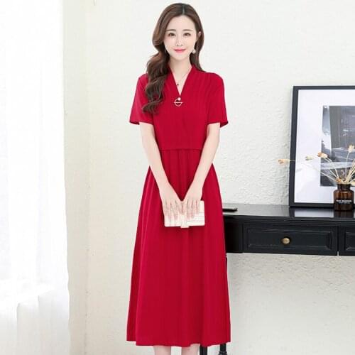 Womens Vintage Dress Summer Casual Plus Sizs XL-6XL O-Neck Dresses Women Solid Short Sleeve Comfortable Female A-line Sundress