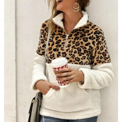Winter Fleece Sweater Fashion Leopard Patchwork Fluffy Thick Sweaters Warm Zipper Pullovers Women Winter Coat Sherpa Tops