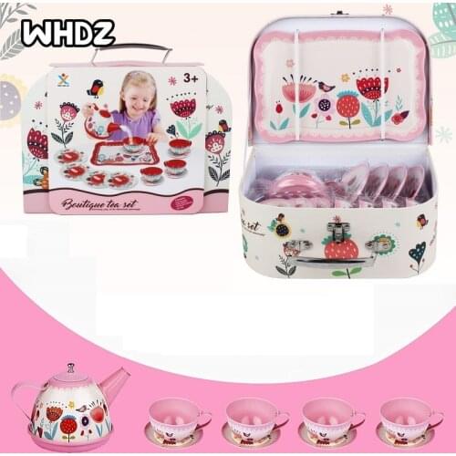 1set Tea Set for Little Girls, Kids Tea Set 15 Piece Pink Tin Tea Party Set for Princess Tea Party and Kids Kitchen Pretend Play