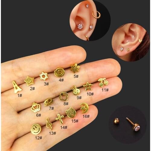 1Piece Stainless Steel Mini Cartilage Earrings Cute Rabbit Bear Star Small Stud Earrings Helix Tragus Lobe Ear Piercing Jewelry
