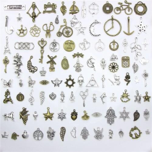 Assorted 100 Designs Snowflake Christmas Tree Skull Moon Star Key Clock Crown Charms Pendants DIY Necklace Bracelet Jewelry