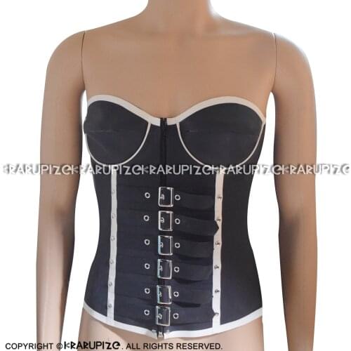 Black And White Sexy Latex Corsets With Belts Buckles Front Lacing At Back Cups Rubber Bustiers CY-0034