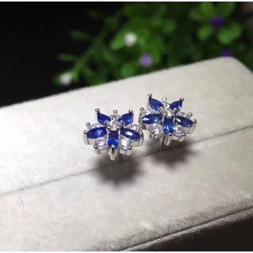 Flower Style Blue sapphire stud earring Natural real sapphire 925 sterling silver Free shipping 2*4mm 10pcs gemstnoe