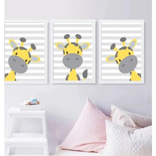 Baby Giraffe Nursery Art Nordic Poster Cartoon Kids Yellow and Grey Wall Painting Animal Canvas Painting Kids Bedroom Decor