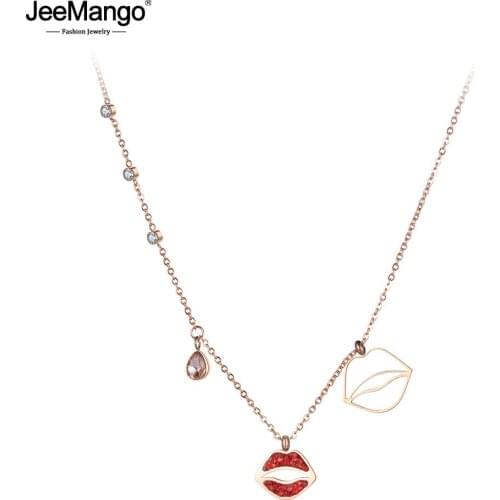 JeeMango OL Style Red Rhinestone Lips Charms Necklaces For Women Rose Gold Stainless Steel CZ Crystal Pendant Jewelry JN19033