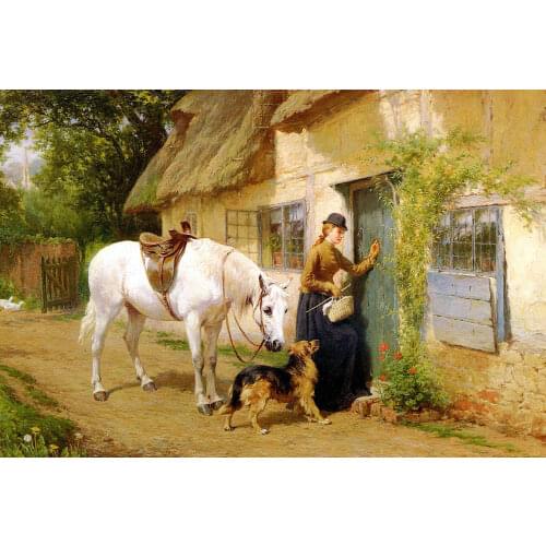 100%Handmade Oil Painting Hand Oil painting Holmes George - The Visitor Young woman with horse and dog canvas