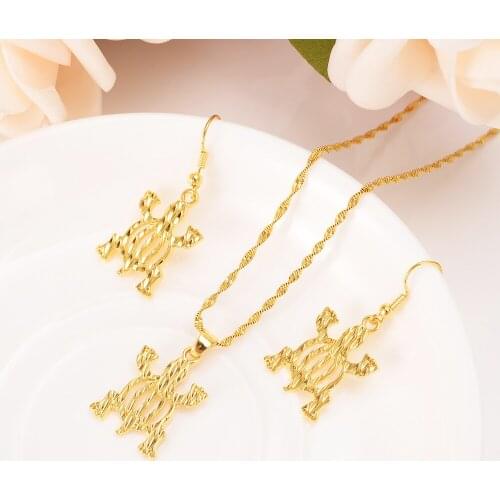 Gold African Cultural tortoise Symbol Pendant earring Necklaces set Women Men Gold Adinkra Gye Nyame Ethnic Jewelry set gift