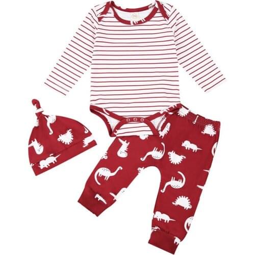 0-18M Newborn Kid Baby Girl Boy Clothes set Long Sleeve Striped Bodysuit Top dinosaur Pant Suit Cute Sweet Cotton Outfit
