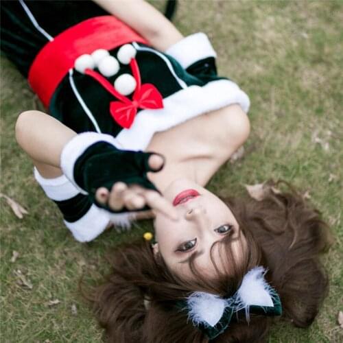 Women Velvet Sexy Dress Christmas Cosplay Stage Costume Dark Green Cat Naughty Girls 3 Piece Set Bow Hat Belt Suits Lady Outfits