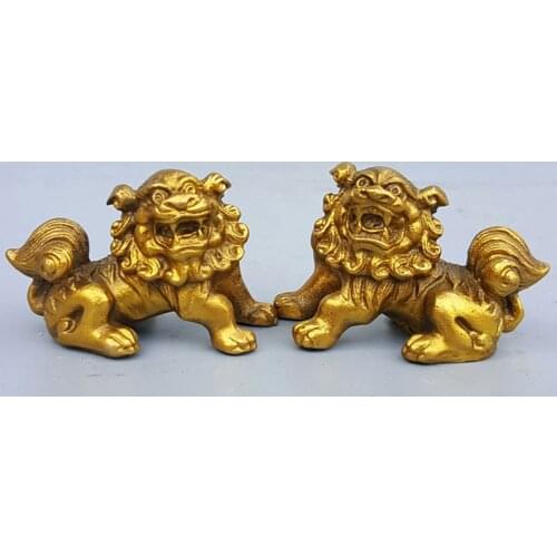 Lucky Chinese Fengshui Pure Brass Guardian Foo Fu Dog Lion Statue Pair metal crafts decor