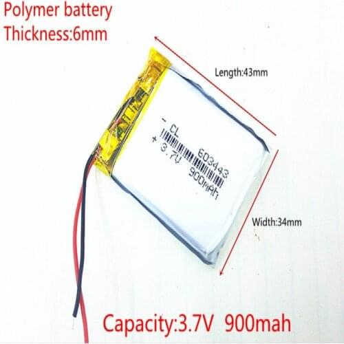 3.7V 900mAh battery 603443 Lithium Polymer Li-Po ion PLIB Rechargeable Battery For Mp3 MP4 MP5 GPS mobile electronic part