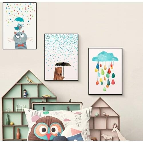 Cartoon Umbrella Bear Cats and Birds Colorful Rain Canvas Painting Nursery Kid Room Animal Wall Picture Pster Scandinavian Decor