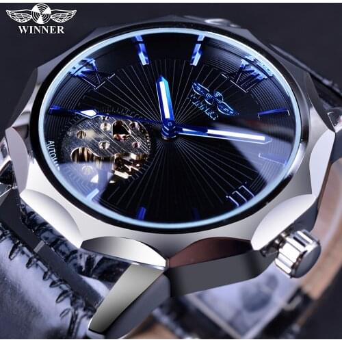 Winner Blue Ocean Geometry Design Transparent Skeleton Dial Mens Watch Top Brand Luxury Automatic Fashion Mechanical Watch Clock