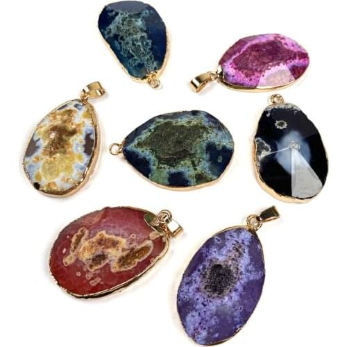 Natural Stone Irregular Golden Plated Agates Pendant Necklace Charms Pendant for Jewelry Making DIY Size 20x40-35x45mm