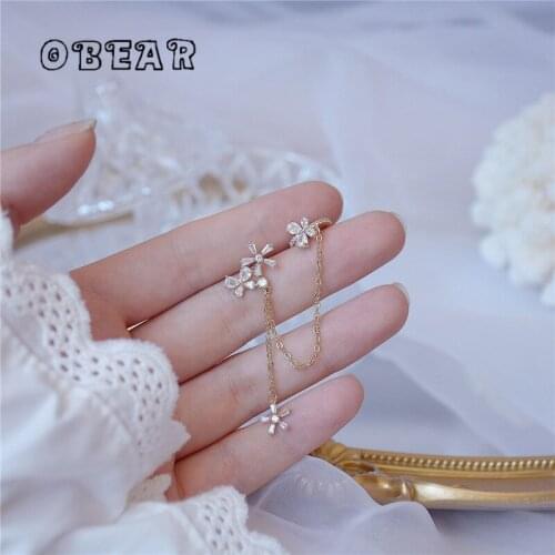 OBEAR 14k Real Gold Plating Japanese Zircon Flower Butterfly Earrings Women Classic Personality Birthday Small Jewelry