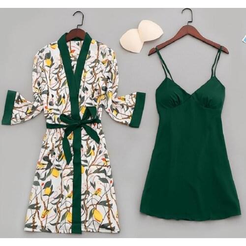 Sexy Women Pajamas Lace Slik Sleep Lounge Nightgown Satin Sleepwear Pyjamas Femme with Chest Pads Indoor Clothing Kimono Robes