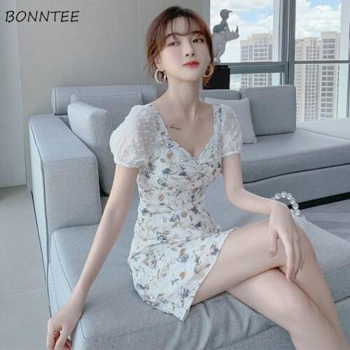 Dress Women Short Puff Sleeves White Sexy V-neck Slim A-line Summer Print Temperament Sweet Female Vestido Mini French Cozy Chic