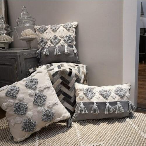 Grey Cushion Cover Pillow Case Tufted Handmade Tassels Neutral Decorative For Sofa Seat Home Decorative Canvas 45x45cm 30x50cm