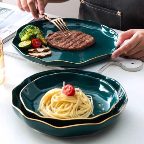 Green Ceramic Gold Inlay Plate Steak Food Dish Set Irregular Creative Nordic Tableware Salad Bowl Ins Dinner High End Porcelain