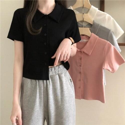 Short-sleeved POLO shirt womens 2021 summer new Harajuku style design niche short-fitting short-fitting crop top