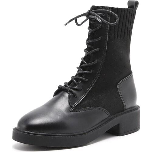 Womens Autumn Ankle Boots Knitted Stretch Fabric Booties Stitching Women Ankle Boots Lace Up Shoes Woman Short Winter Warm Shoe