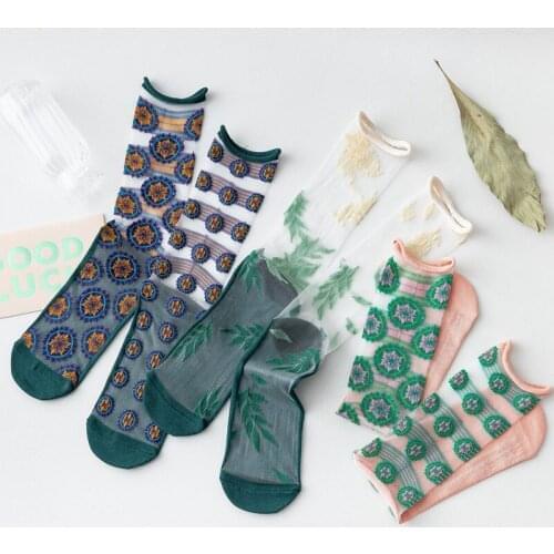 Women Printed Transparent Socks Summer Thin Middle Tube Socks Harajuku Style Elastic Sheer Mesh Socks For Girls