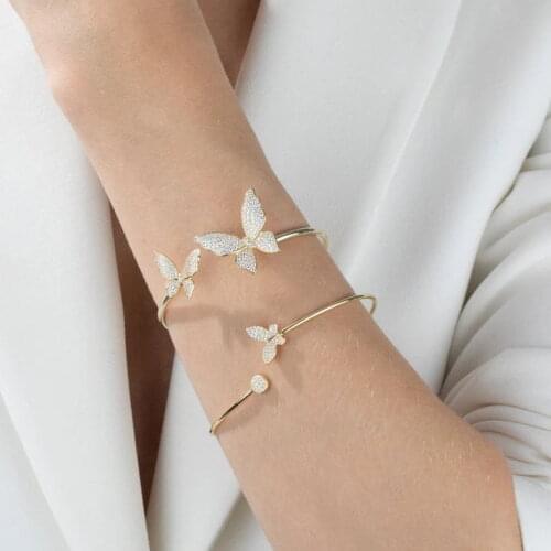 Iced out bling sparking 5A clear cz double butterfly charm open bangle bracelets for women fashion animal adjusted party jewelry