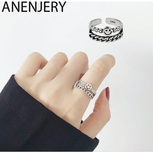 ANENJERY 925 Sterling Silver Double Layer Lock Chain Stackable Smiling Face Ring For Women Thai Silver Jewelry S-R509