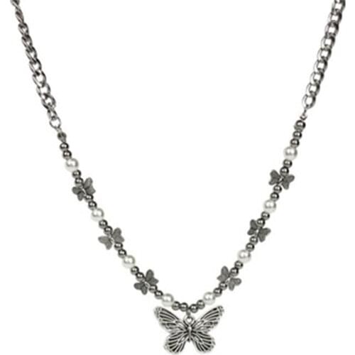 Gothic Butterfly Pendant Necklace for Women Choker Aesthetic Hippop Pearl Chain Collar Jewelry T21F