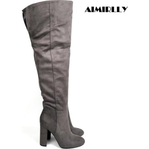 Winter Womens Round Toe High Heels Over the Knee Boots Block Heel Thigh High Long Boots Faux Suede Grey PULL ON
