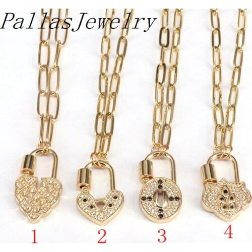 5Pcs,Spring Jewelry Chic Dainty Cubic Zirconia CZ Micro Pave Carabiner Clasp Buckle Lock Pendant Paper Buckle Chain Necklace