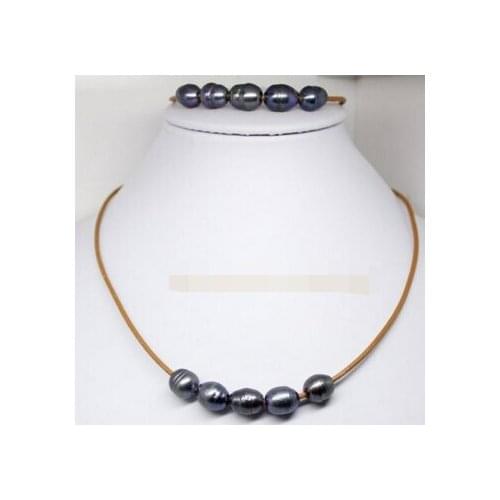 Huij 003811 set real black pearl stone handmade brown leather bracelet pendant necklace 18"