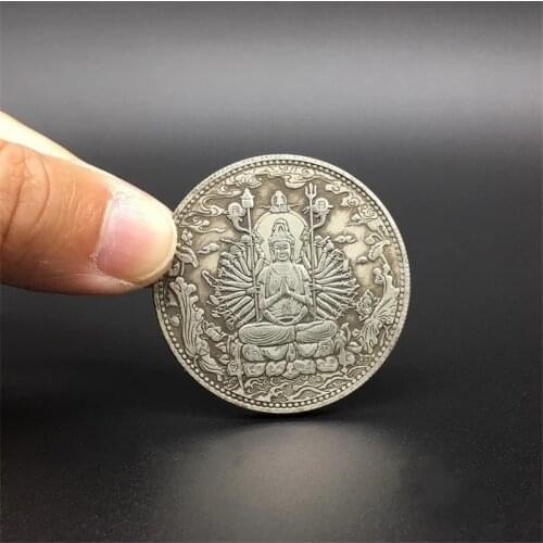 Collection Ancient Coins Buddhist Thousand Hand Guanyin Heart Sutra Buddha Statue Auspicious Ornament Gift