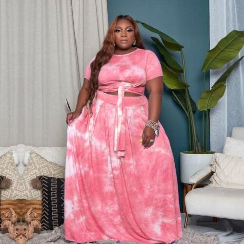 Printed 2 Pieces Skirts Set Crew Neck Short Sleeve T Shirt with Belt Women Casual Long Maxi Skirts X-5XL Plus Size Skirt Outfits