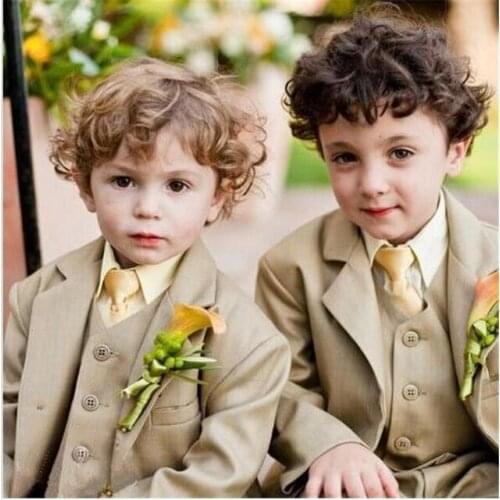 Notch Lapel Khaki Children Suits Fashion Tuxedos Flowers Wedding Party Boy Handsome 3 Pieces Suits 2019 (Jacket+Pants+Tie+Vest)