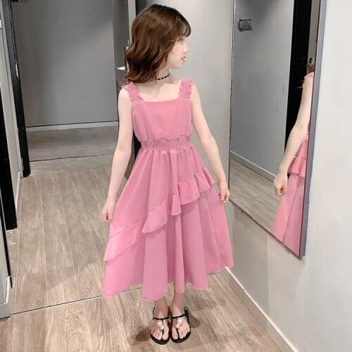 Girls fashion chiffon dress, western style summer dress, new medium and big kids Korean girl suspender dress