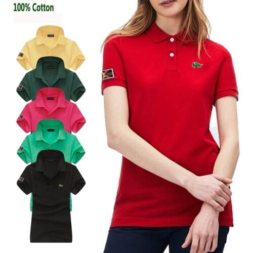 Fashion-Design Brand Summer New Womens Short Sleeve Polos Shirts 100% Cotton Womens Lapel Tees Slim Female Clothes Tops S-4XL
