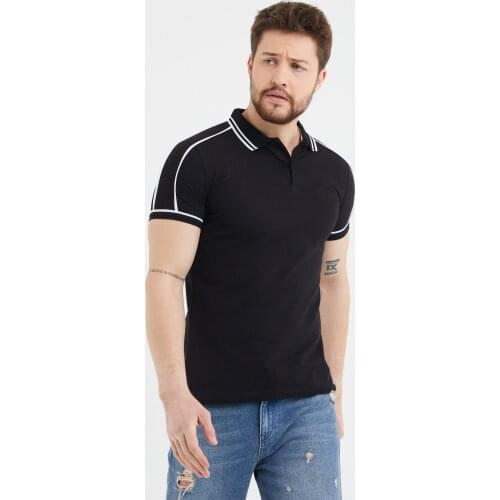 Mens Black Slim Fit Piping Polo Collar T shirt Attractive Modern Stripe Modern Fashion