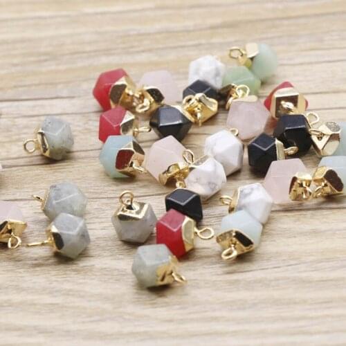 Octahedral Stone Necklace Goldtone Plating Facted Quartz Pendant with Metal Chain 18inch Assorted Version DIY Jewelry