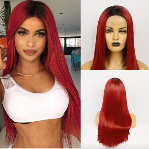 AIMEYA Straight Lace Front Wig Ombre Red Middle Part Cosplay Wig 18-24 Inch Heat Resistant Hair Lace Frontal Wigs For Women