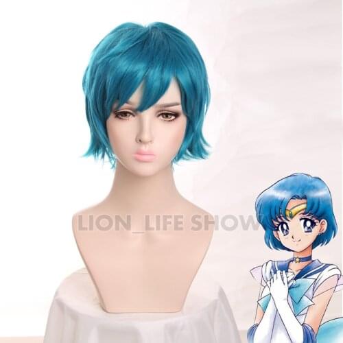 Anime Sailor Mercury Mizuno Ami Cosplay Wigs Short Styled Cyan Blue Color Heat Resistant Synthetic Hair Wig +Wig Cap