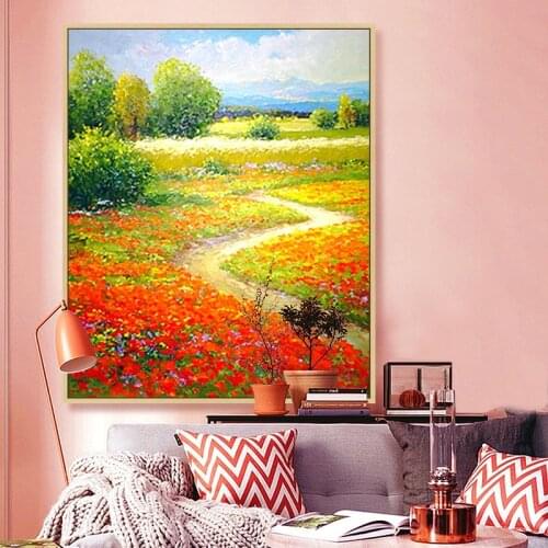Artist sales hand made oil paintings flower covered country road