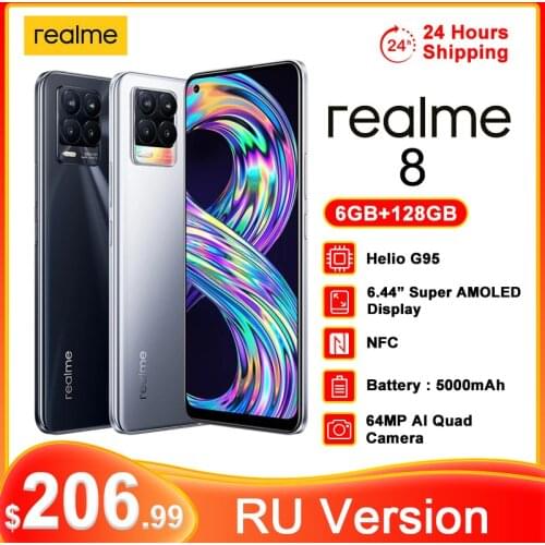 Realme 8 6GB RAM 128GB ROM 6.44" AMOLED Display Helio G95 Octa Core 30W Charge Mobile Phone NFC Smartphone 64MP Quad Camera