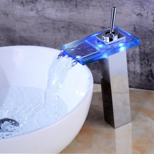 Vidric Basin Faucet Chrome Deck Temperature Controlled Bathroom Sink Faucet Waterfall Faucet LED Light Electric Crane Mixer Wate