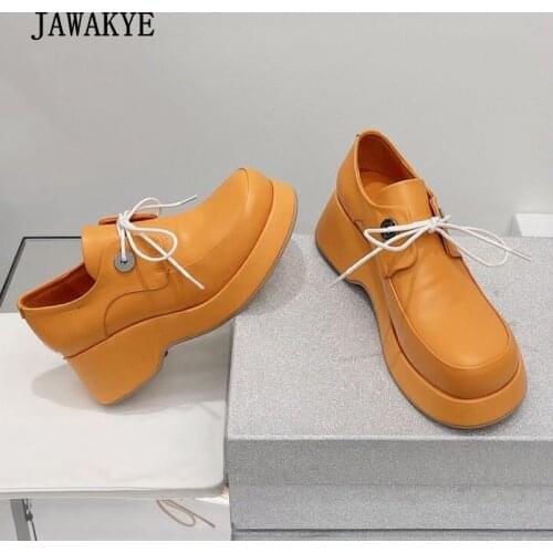 New Women Brogue Shoes Real Leather Lace Up Thick Sole Flat Wedge Shoes Comfort Heightened Outdoor British Style Oxford Shoes