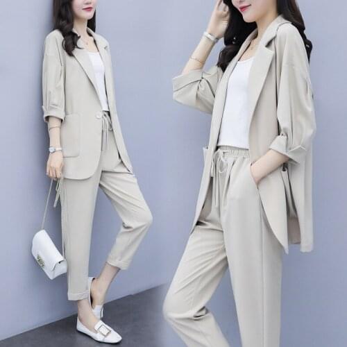 S-4xl Womens Pant Suits Autumn Spring Female Blazer 2pcs Clothing Set Three Quarter Sleeve Single Button Ladies Clothes C75