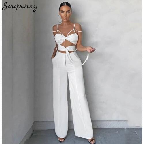 High Quality 2021 Summer Elegant Womens Hollow Bodycon Jumpsuit Sexy Sleeveless V-neck Spaghetti Strap Party Wide Leg Jumpsuit