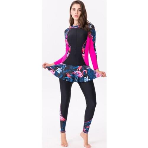 Swimwear Women Long Sleeves Zipper Sport One Pieces Swimsuit Surfing Snorkeling Bathing Suit Lady Beach Wear Printed Patchwork